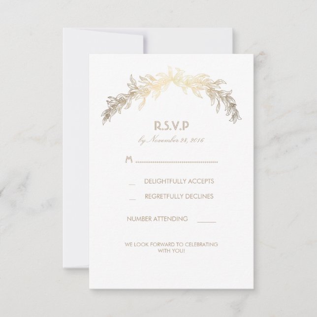 Gold Laurel Wreath Wedding RSVP Cards (Front)