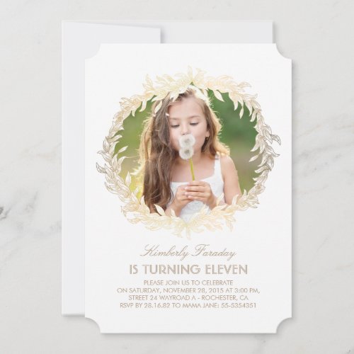 Gold Laurel Wreath White Elegant Photo Birthday Invitation - Elegant photo birthday party invitation with gold and white laurel - olive leaves wreath