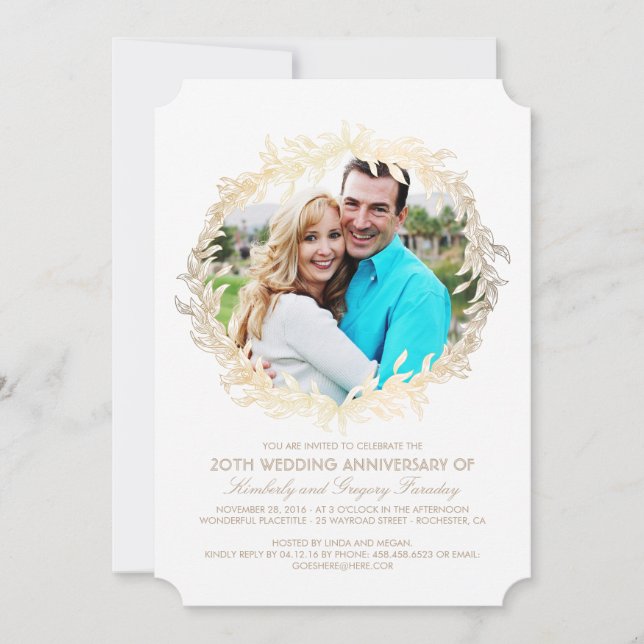 Gold Laurel Wreath White Photo Wedding Anniversary Invitation (Front)
