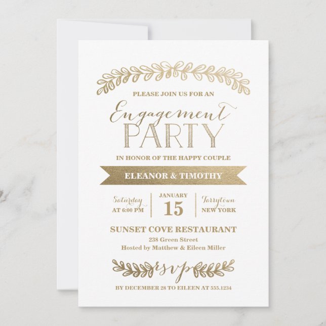 Gold Laurels Engagement Party Invitation (Front)