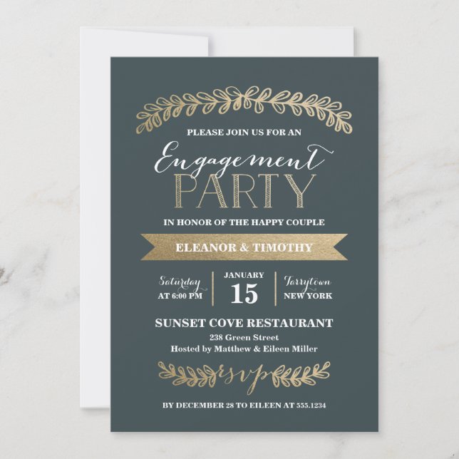 Gold Laurels Slate Engagement Party Invitation (Front)