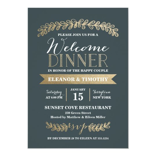 Gold Laurels Slate Wedding Welcome Dinner Party Invitation Zazzle Gold Laurels Slate Wedding Welcome Dinner Party Invitation