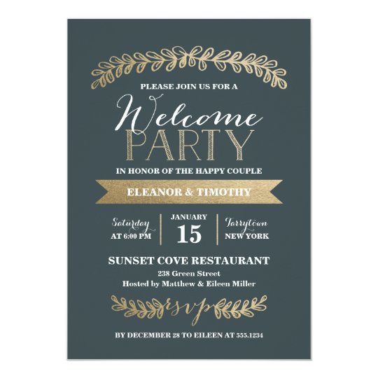 Gold Laurels Slate Wedding Party Invite
