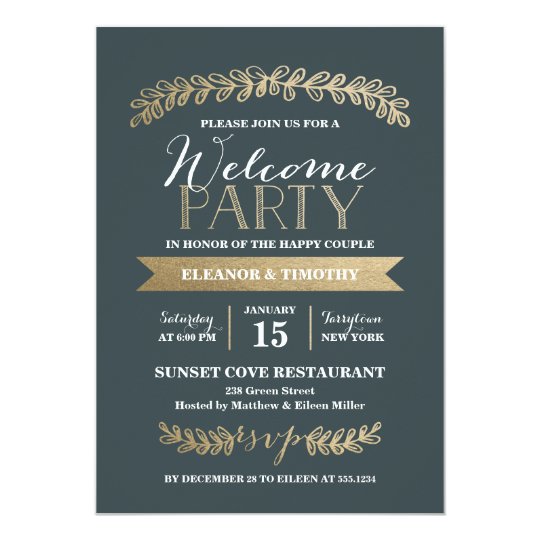 Gold Laurels Slate Wedding Welcome Party Invite