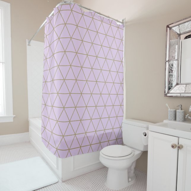 Gold Lavender Geometric Triangles Boho Glam Shower Curtain (In Situ)