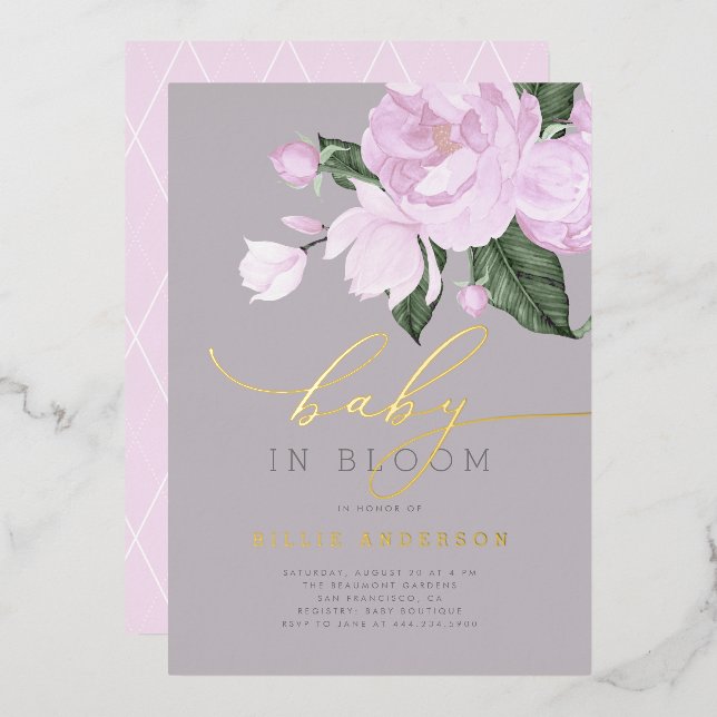 Gold Lavender Gray Floral Baby in Bloom Shower Foil Invitation (Front/Back)
