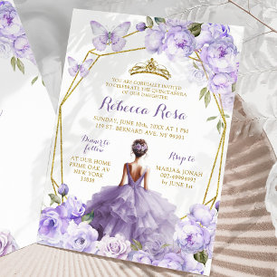 Gold Lavender Purple Floral Butterfly Quinceañera Invitation