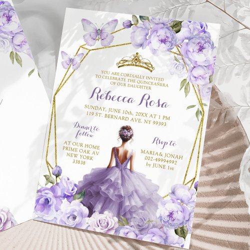 Gold Lavender Purple Floral Butterfly Quinceaera Invitation