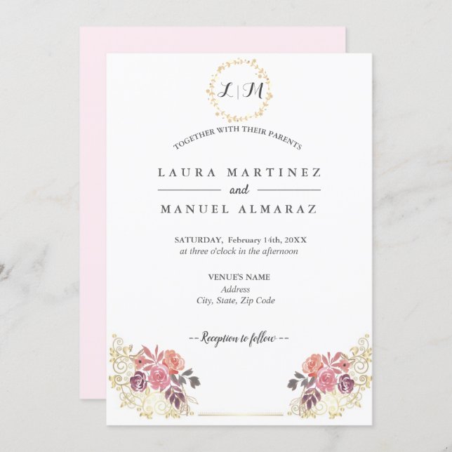 Gold Lavenderblush Floral Wedding Invitation (Front/Back)
