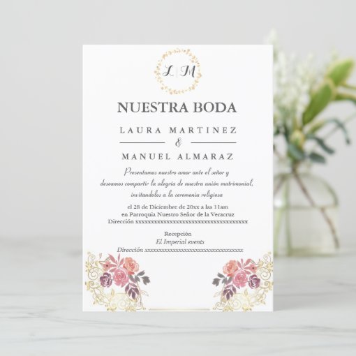 Gold Lavenderblush Floral Wedding Spanish Invitation Zazzle