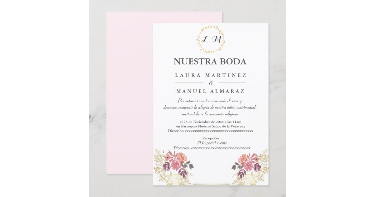 Gold Lavenderblush Floral Wedding Spanish Invitation Zazzle