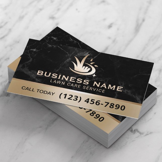 Gold Lawn Care Logo Black Marble Landscaping Business Card (Creator Uploaded)