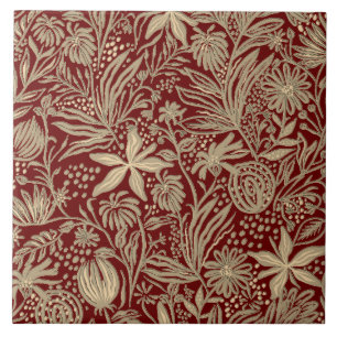Gold Lazy Floral Pattern on Deep Red Ceramic Tile