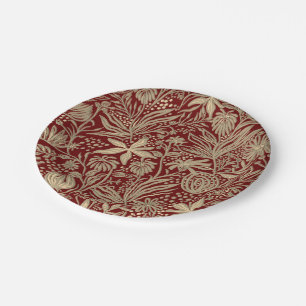 Gold Lazy Floral Pattern on Deep Red Paper Plates