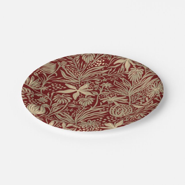 Gold Lazy Floral Pattern on Deep Red Paper Plates (Angled)
