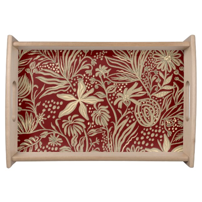 Gold Lazy Floral Pattern on Deep Red Serving Tray (Front)
