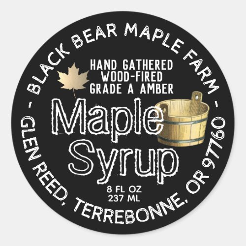 Gold Leaf and Bucket Wood Fired Maple Syrup Black  Classic Round Sticker