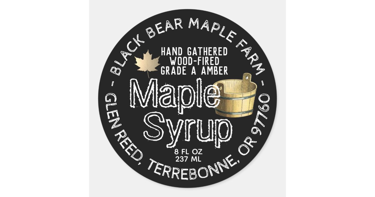 Gold Leaf and Bucket Wood Fired Maple Syrup Black Classic Round Sticker ...