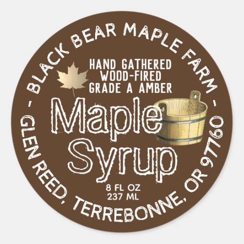 Gold Leaf and Bucket Wood Fired Maple Syrup Brown Classic Round Sticker