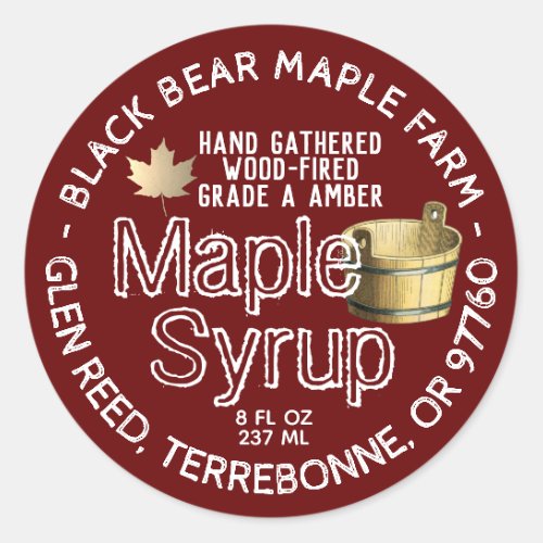 Gold Leaf and Bucket Wood Fired Maple Syrup Red Classic Round Sticker