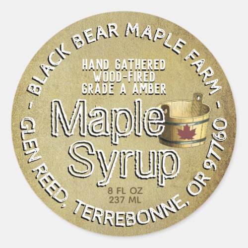 Gold Leaf and Bucket Wood Fired Maple Syrup Rustic Classic Round Sticker