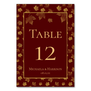 Gold Leaf and Burgundy Fall Wedding Party Table Number