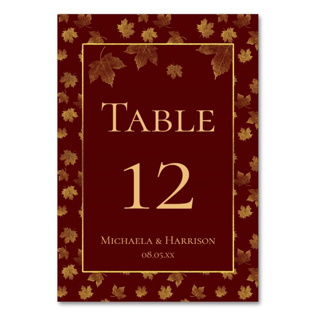 Gold Leaf and Burgundy Fall Wedding Party Table Number (Front)
