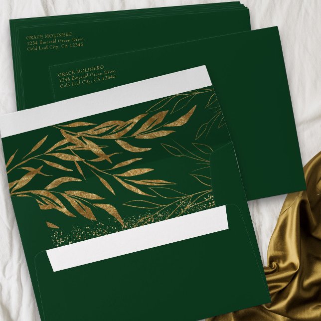 Gold Leaf and Confetti Emerald Green Invitation Envelope (Emerald Green and Gold invitation envelope from my Gold Leaf Quinceanera Collection)