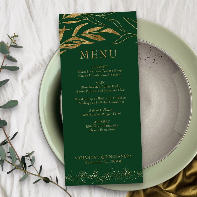 Gold Leaf and Confetti Emerald Green Menu (Emerald Green and Gold Menu from my Gold Leaf Quinceanera Collection)
