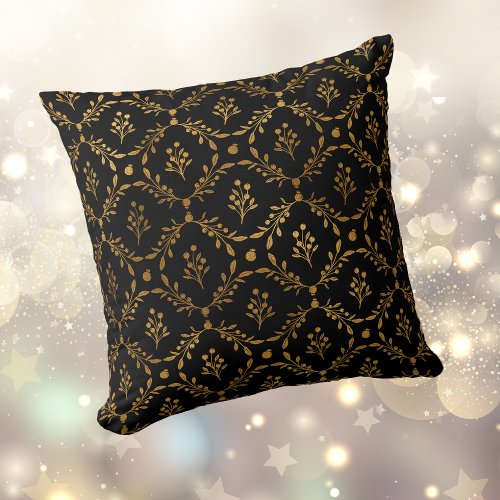 Gold Leaf Berry Frame Pattern on Black Throw Pillow