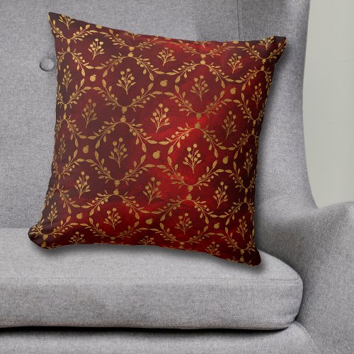 Gold Leaf Berry Frame Pattern on Burgundy Red Glow Throw Pillow