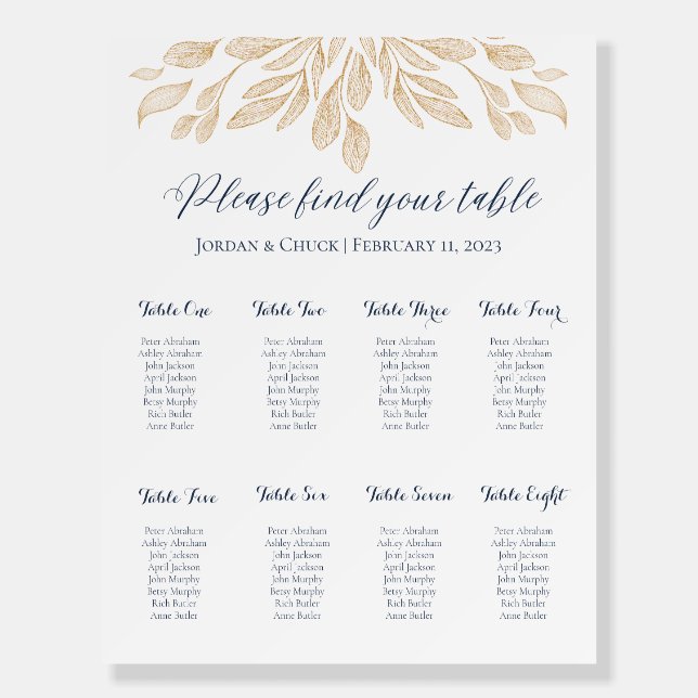 Gold Leaf Botanical Wedding Seating Chart Foam Board (Front)