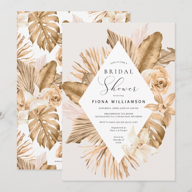 Gold Leaf Dried Pampas Grass Bridal Shower Invitation (Front/Back)