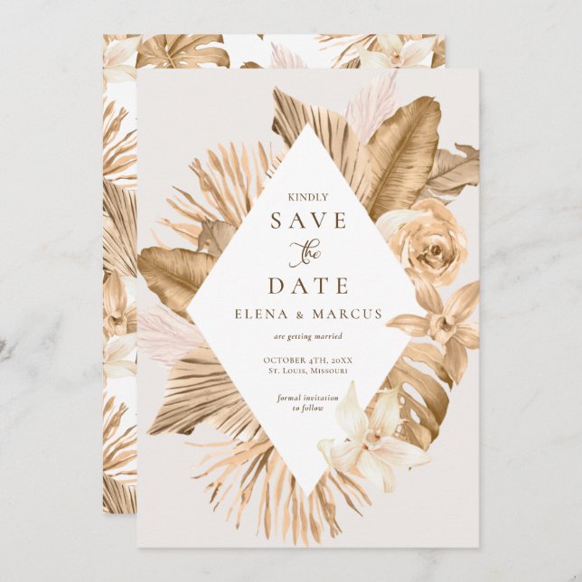 Gold Leaf Dried Pampas Grass Save The Date Invitation (Front/Back)
