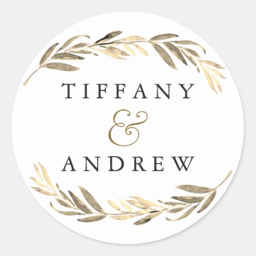 Gold leaf Elegant Modern Couples Name Wedding Classic Round Sticker