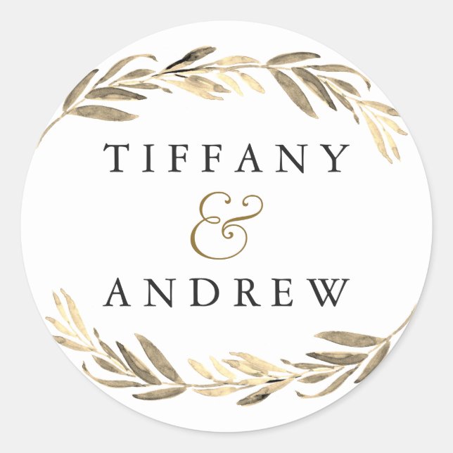 Gold leaf Elegant Modern Couples Name Wedding Classic Round Sticker (Front)