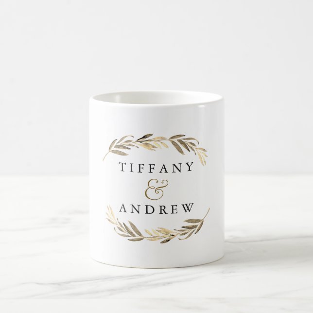 Gold leaf Elegant Modern Couples Name Wedding Coffee Mug (Center)