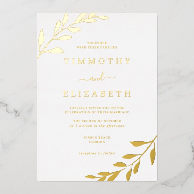 Gold Leaf Elegant Wedding  Foil Invitation (Front)