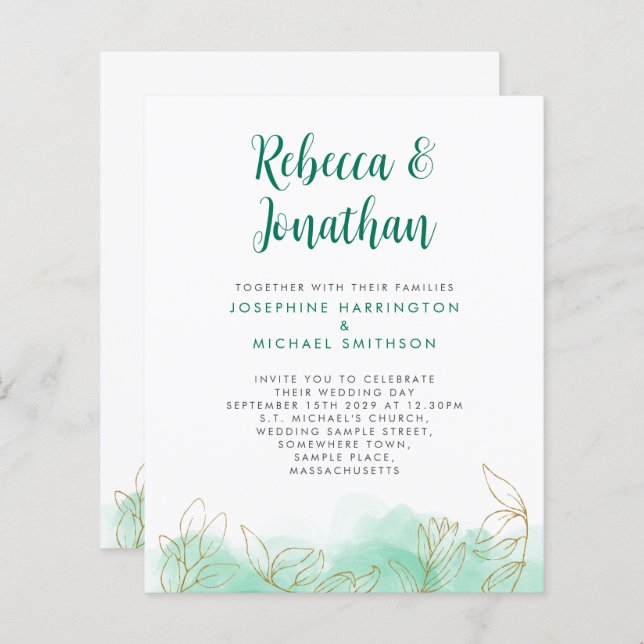 Gold Leaf Emerald Budget Wedding Invitation (Front/Back)