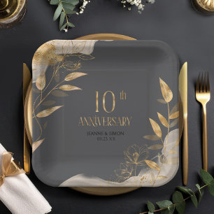 Gold Leaf Floral 10th Anniversary ID1169 Paper Plates