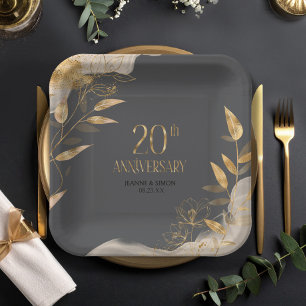 Gold Leaf Floral 20th Anniversary ID1169 Paper Plates