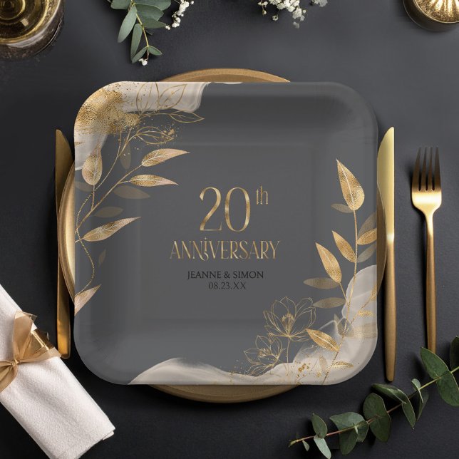 Gold Leaf Floral 20th Anniversary ID1169 Paper Plates (Creator Uploaded)
