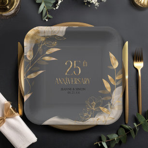 Gold Leaf Floral 25th Anniversary ID1169 Paper Plates