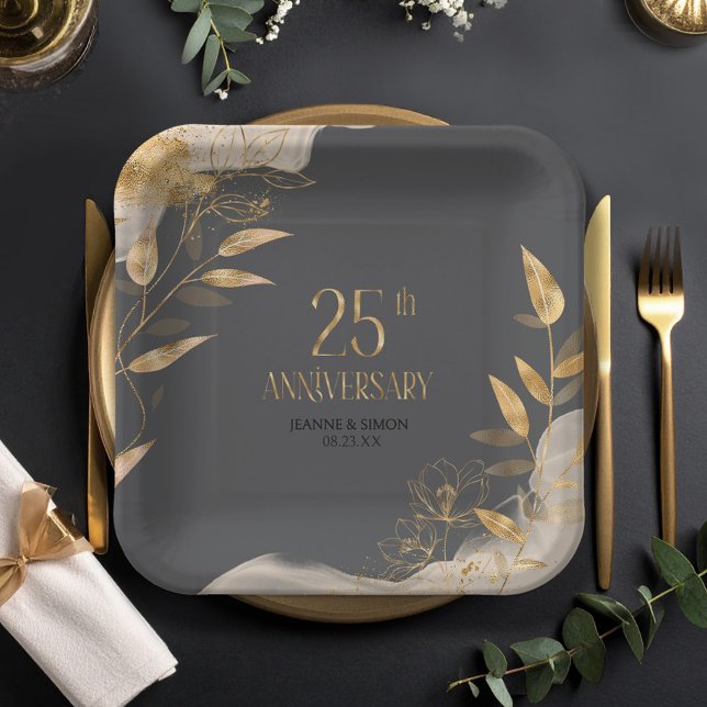Gold Leaf Floral 25th Anniversary ID1169 Paper Plates (Creator Uploaded)