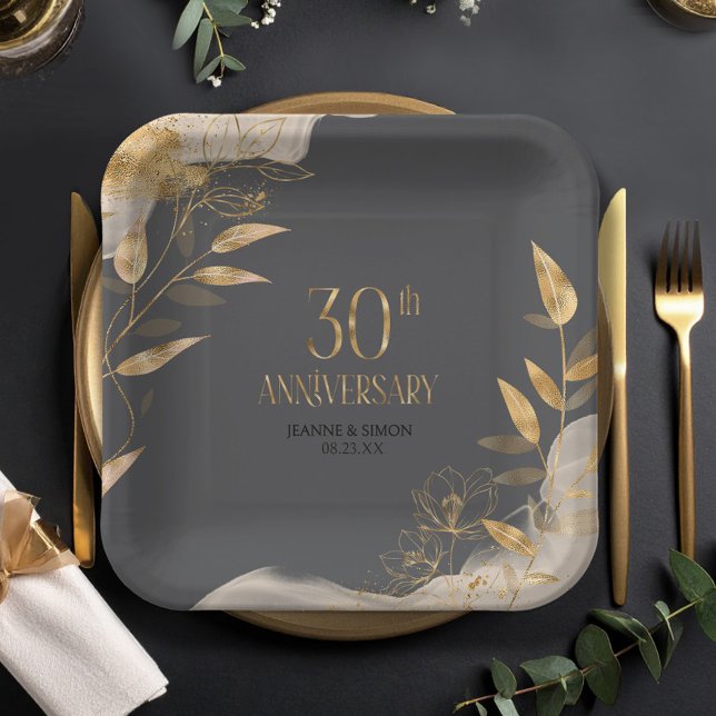 Gold Leaf Floral 30th Anniversary ID1169 Paper Plates (Creator Uploaded)