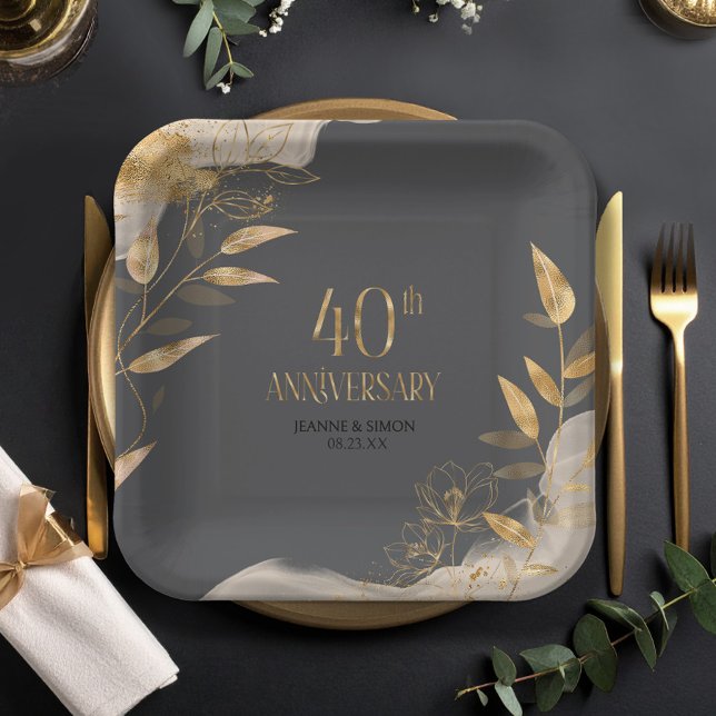 Gold Leaf Floral 40th Anniversary ID1169 Paper Plates (Creator Uploaded)