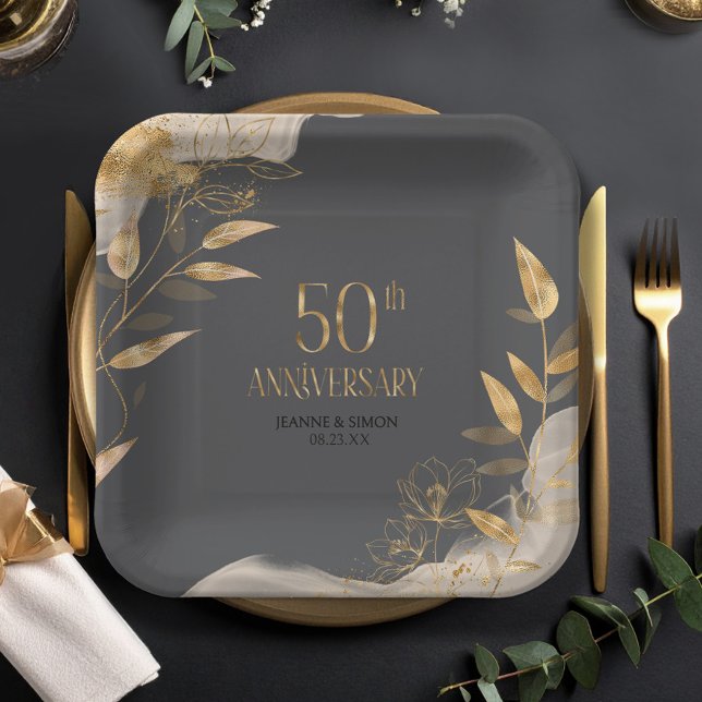 Gold Leaf Floral 50th Anniversary ID1169 Paper Plates (Creator Uploaded)