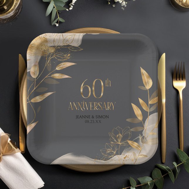 Gold Leaf Floral 60th Anniversary ID1169 Paper Plates (Creator Uploaded)