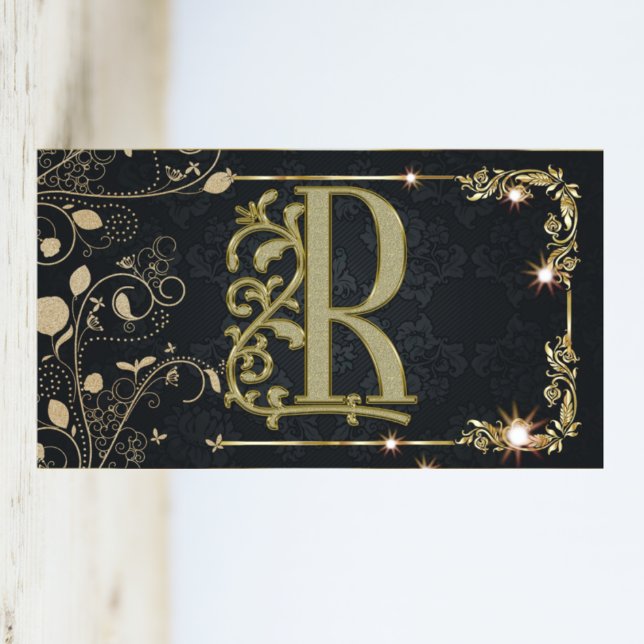  Gold Leaf Floral Sparkle Monogram Business Card (Creator Uploaded)