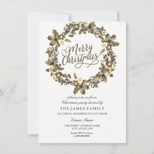 Gold Leaf Floral Wreath Christmas Party Invite (Front)